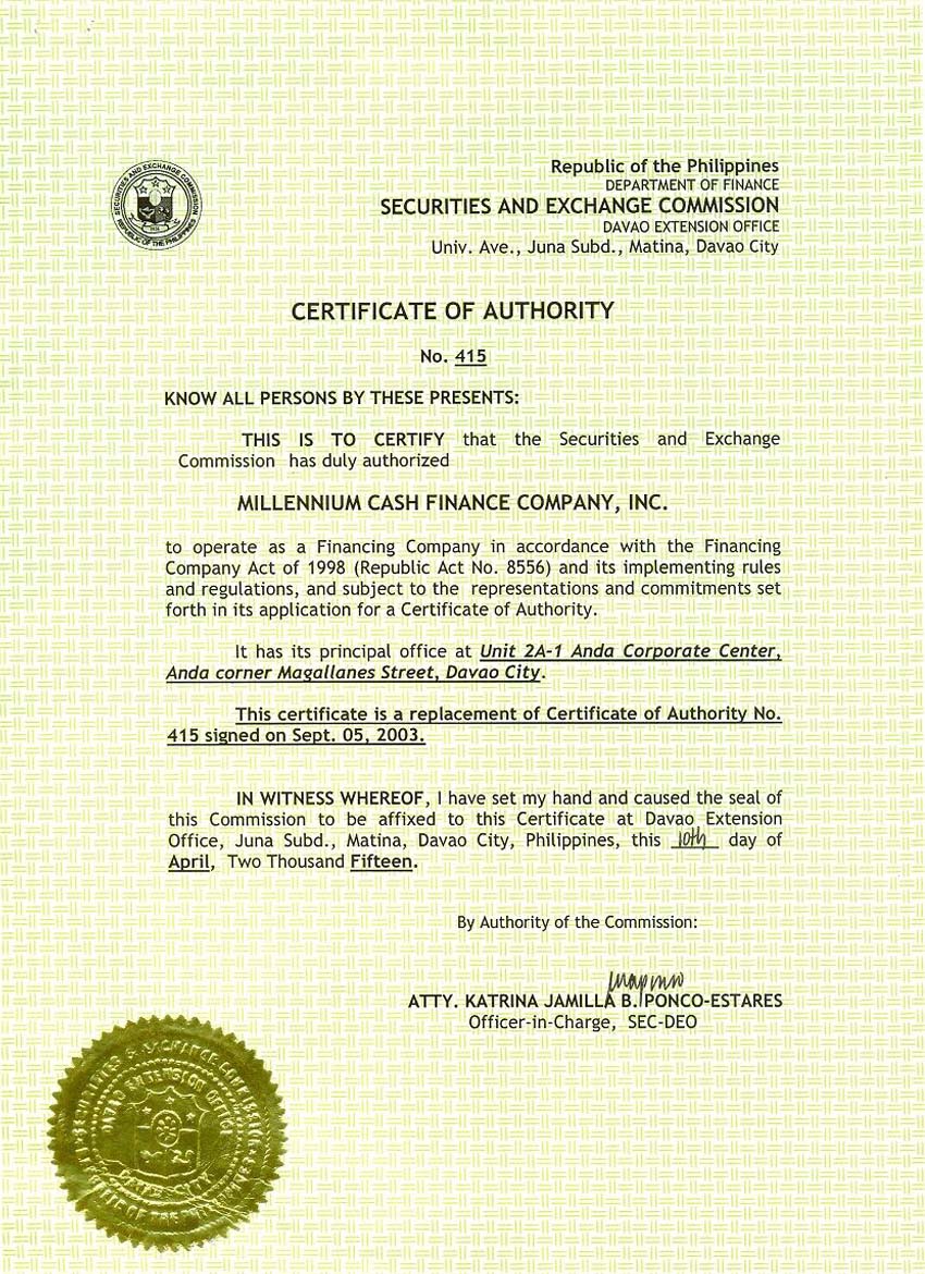 Certificate of Authority 415